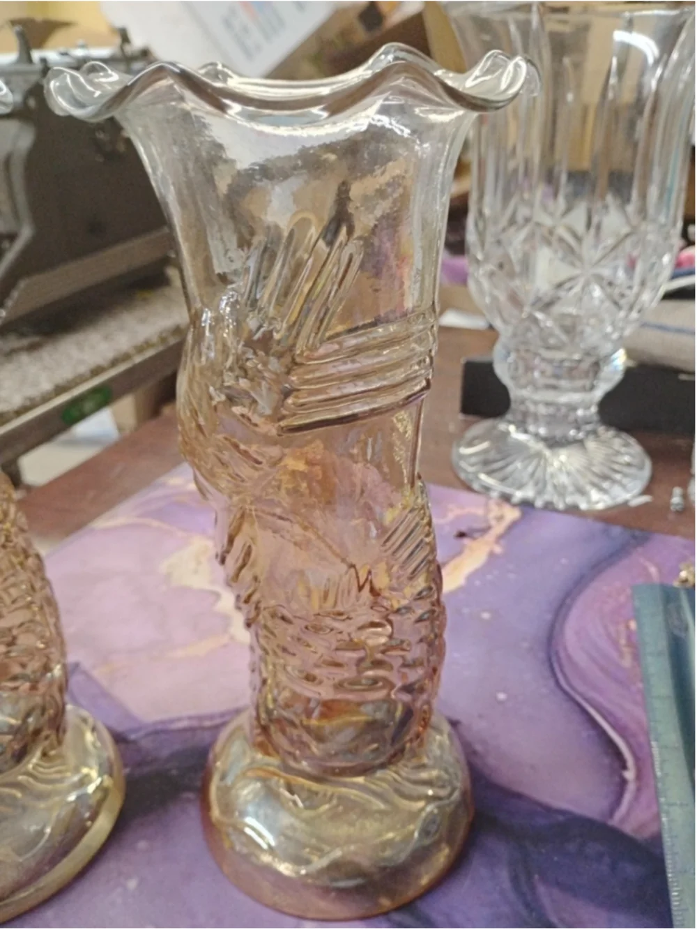 Vintage Flower Vase Pair Carnival Glass Marigold Koi Fish Design Decorative